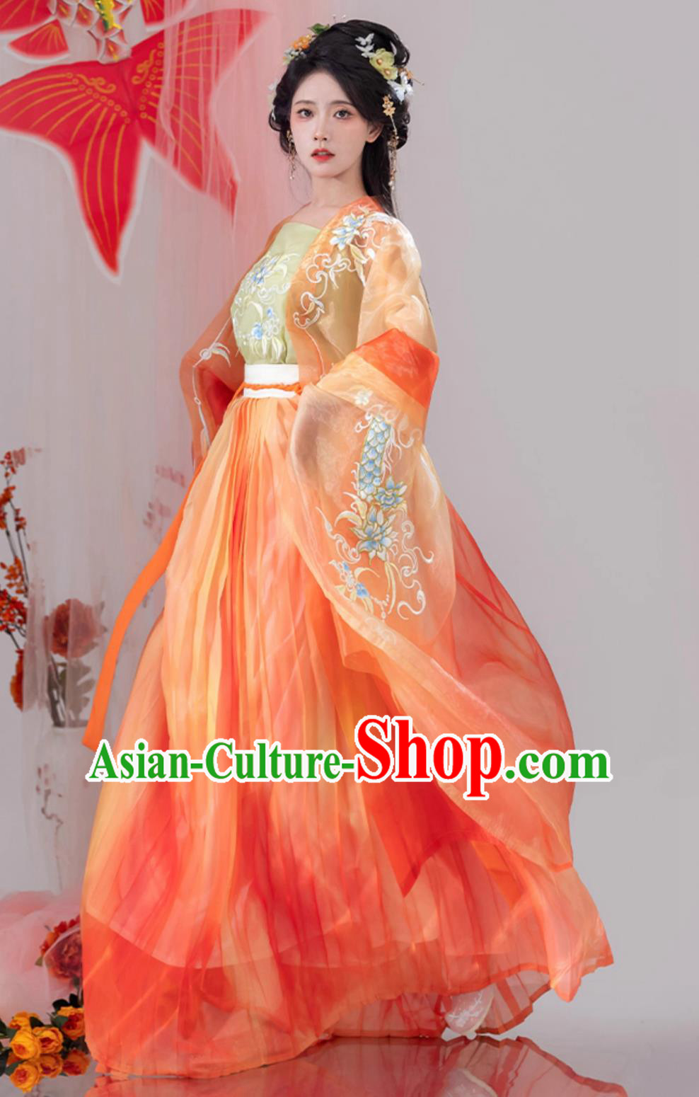 Chinese Tang Dynasty Princess Embroidered Clothing Ancient China Fairy Costume Traditional Orange Hanfu Dress