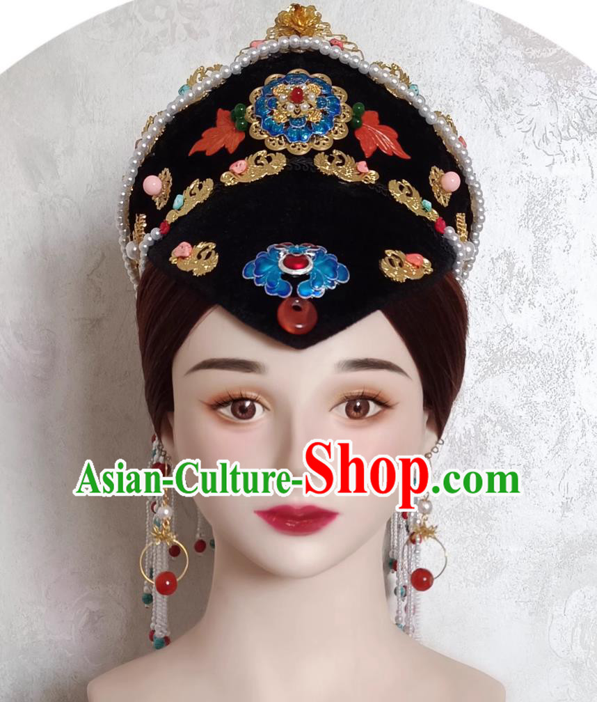 China Qing Dynasty Empress Dowager Hat Traditional Chinese Court Headdress TV Series Xiao Zhuang Epic Da Yu Er Headgear