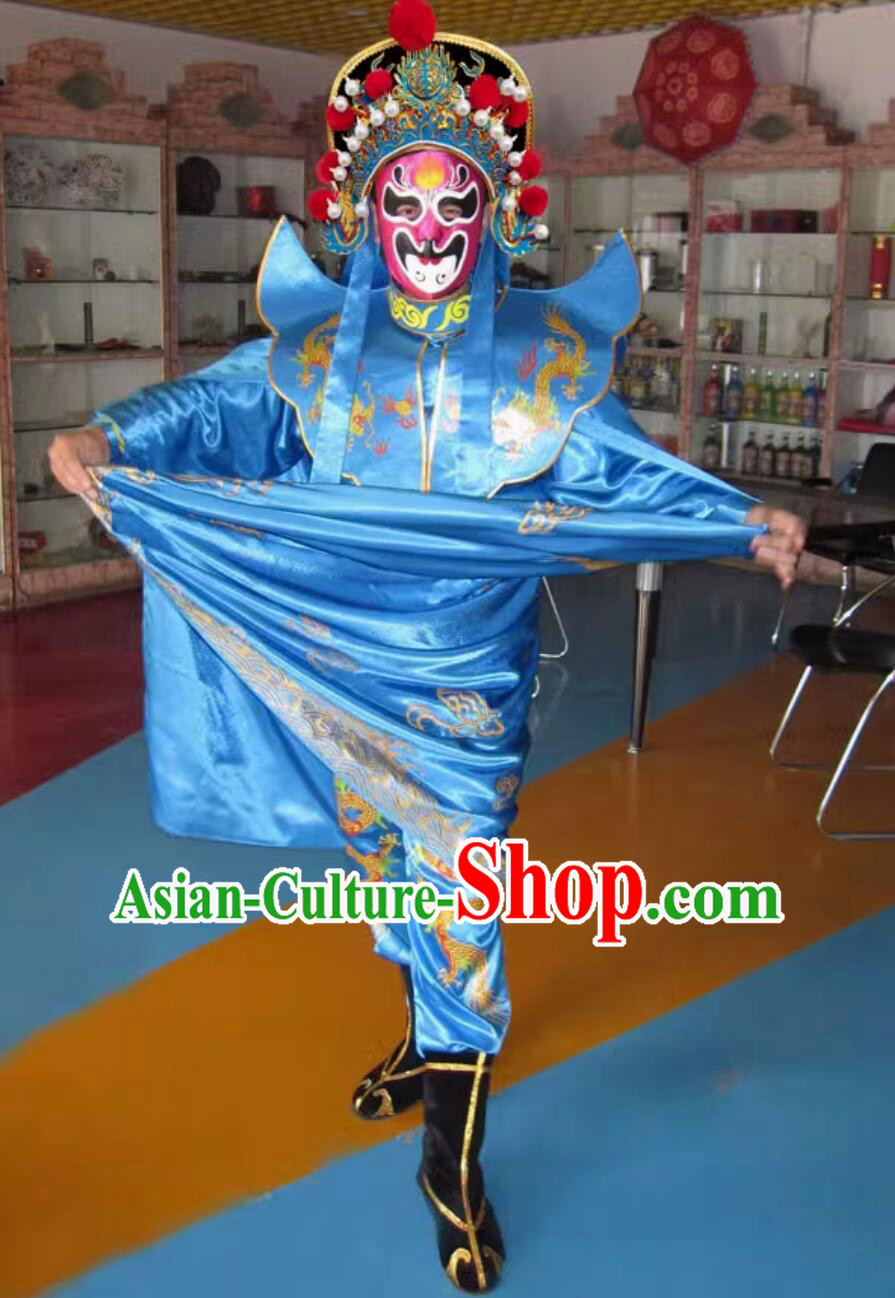 Professional Mask Changing Clothing Chinese Traditional Bian Lian Blue Outfit Mask Change Costume and Hat Complete Set