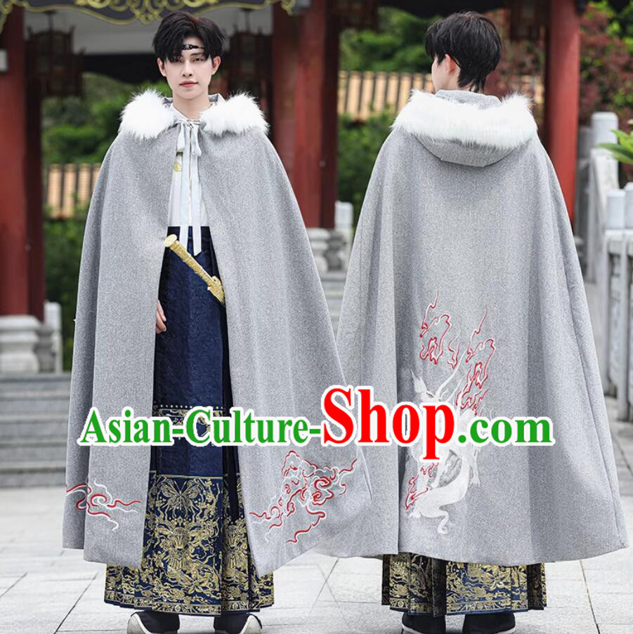 China Ancient Swordsman Costume Handmade Embroidered Deer Grey Woolen Long Cloak Traditional Chinese Hanfu Cape