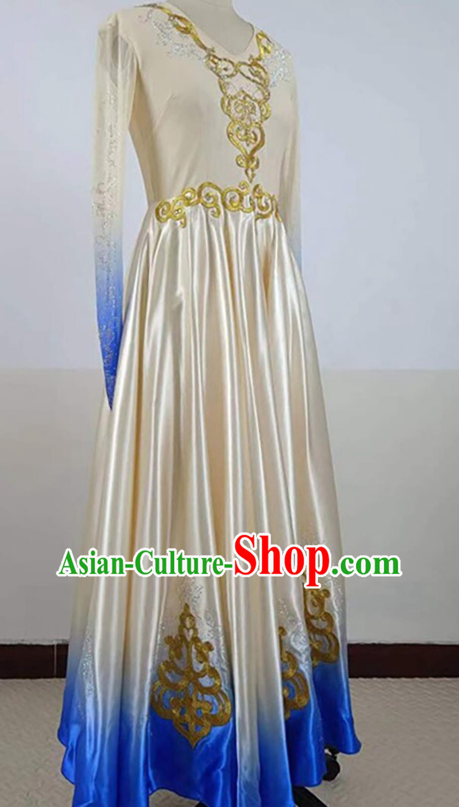Chinese Xinjiang Ethnic Women Group Dance Beige Dress Uyghur Nationality Dance Clothing Folk Dance Costume