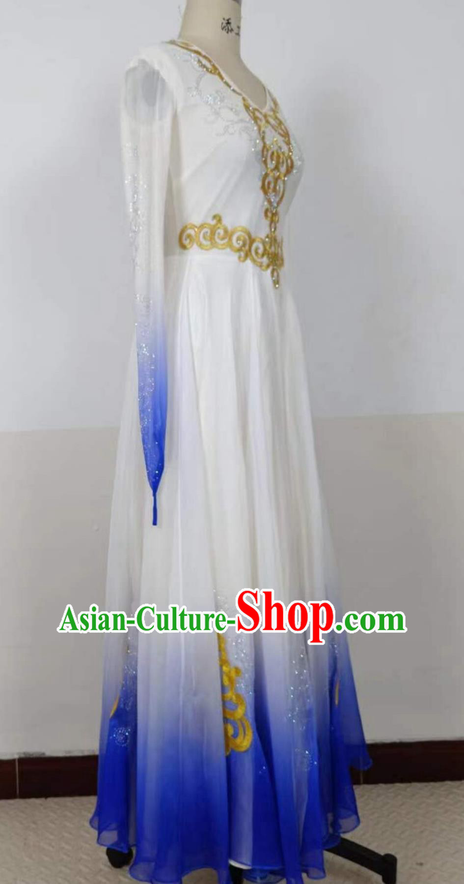 Chinese Folk Dance Costume Xinjiang Ethnic Women Group Dance White Dress Uyghur Nationality Dance Clothing