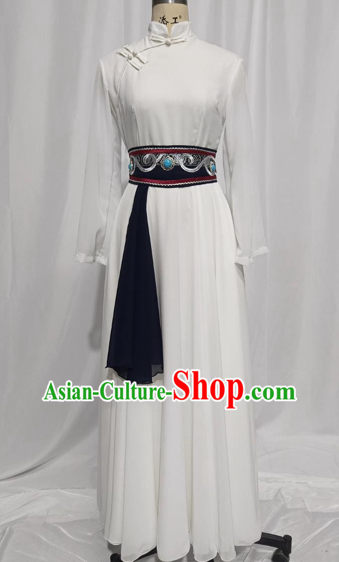 Chinese Mongolian Folk Dance Costume Ethnic Women Group Dance White Dress Mongol Nationality Dance Clothing