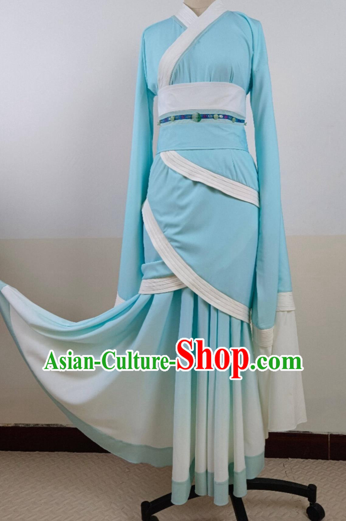 Chinese Women Group Dance Blue Hanfu Dress Classical Dance Clothing Dance Curving Front Robe Costume