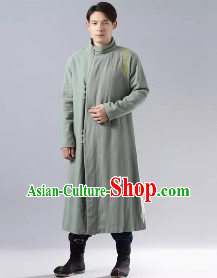 Chinese Winter Light Green Long Coat Tang Suit Cotton Padded Coat Traditional National Costume
