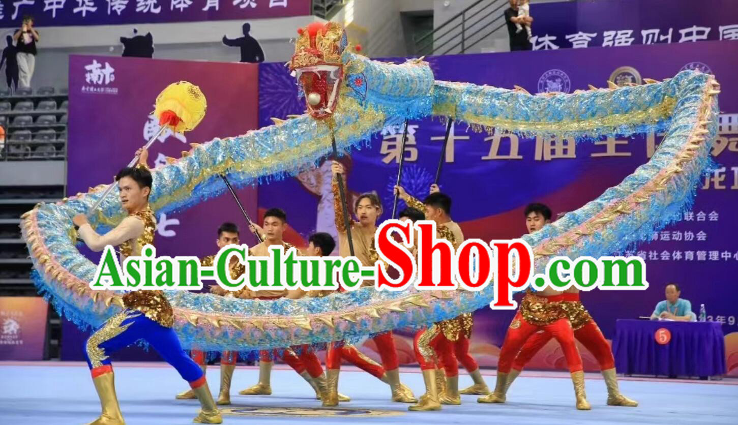 Handmade Blue and Golden Dragon Dance Equipment Traditional Net Dragon Dancing Props Chinese New Year Parade Dragon Dance Costume