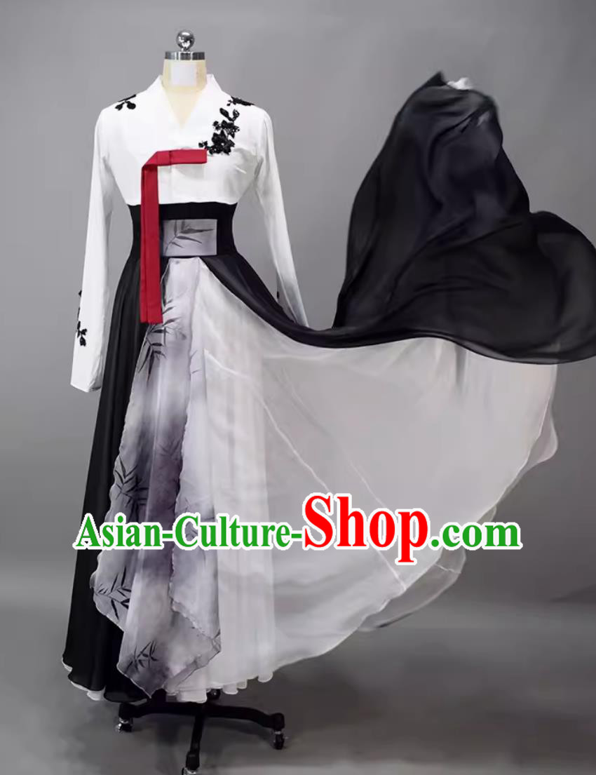 Women Group Dance White and Black Dress Chinese National Dance Costume Korean Ethnic Dance Clothing