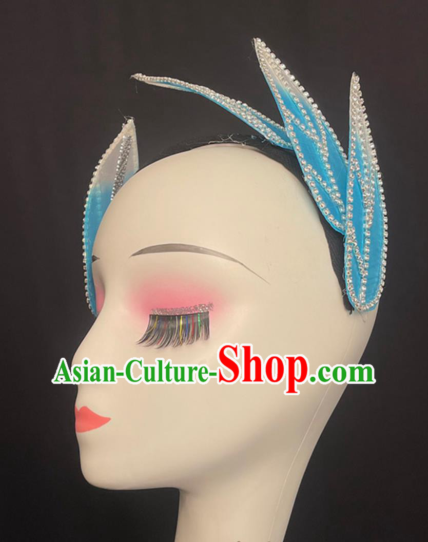 Chinese Modern Dance Hair Jewelry Handmade Spring Festival Gala Opening Dance Headpiece Women Group Dance Blue Leaf Headwear