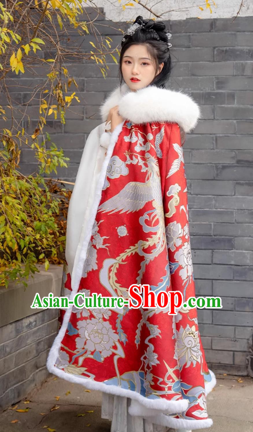 Chinese Ming Dynasty Warm Cloak Ancient China Court Empress Costume Traditional Hanfu Red Brocade Cape