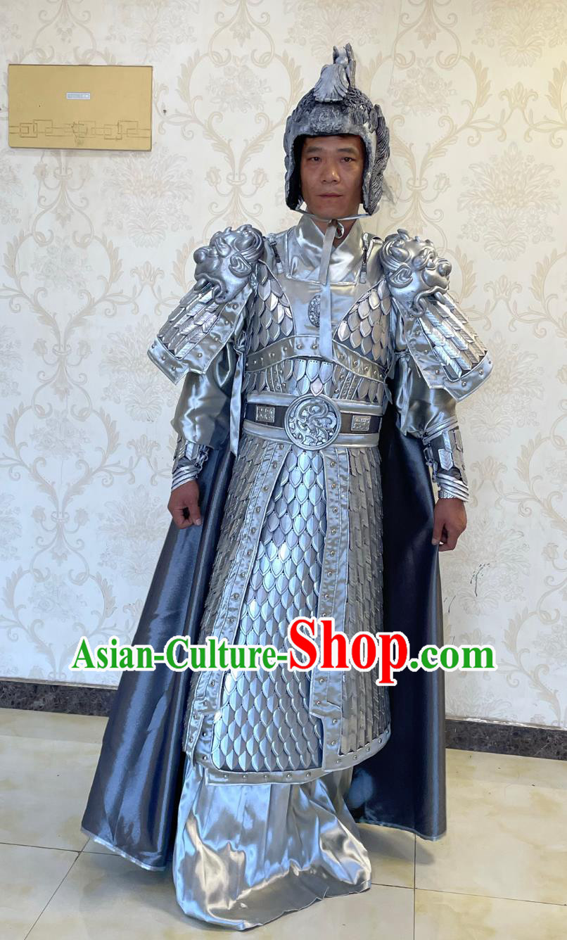 Ancient China Hero Armor and Helmet Chinese Folk Dance Stilt Walk Costume Three Kingdoms Period General Zhao Zi Long Clothing Complete Set
