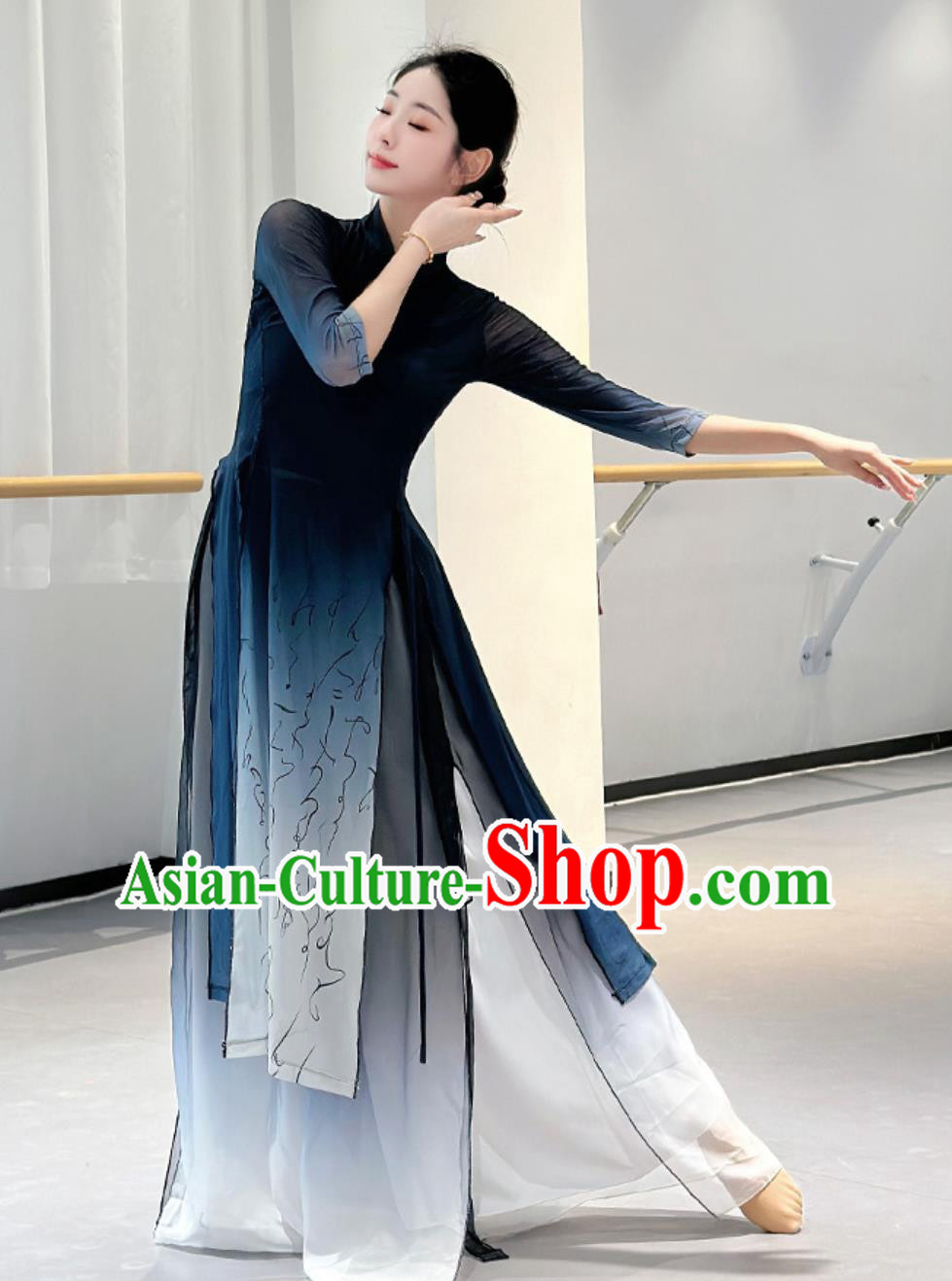 Top Stage Performance Dark Blue Qipao Dress Chinese Classical Dance Costume Women Group Dance Clothing