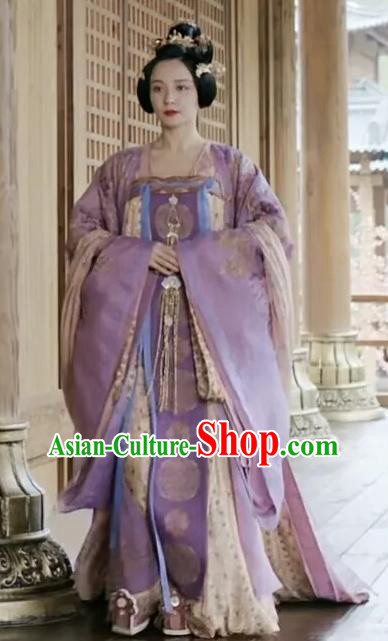 Chinese TV Series Weaving A Tale of Love Empress Wu Meiniang Purple Dresses Ancient Tang Dynasty Royal Woman Costumes
