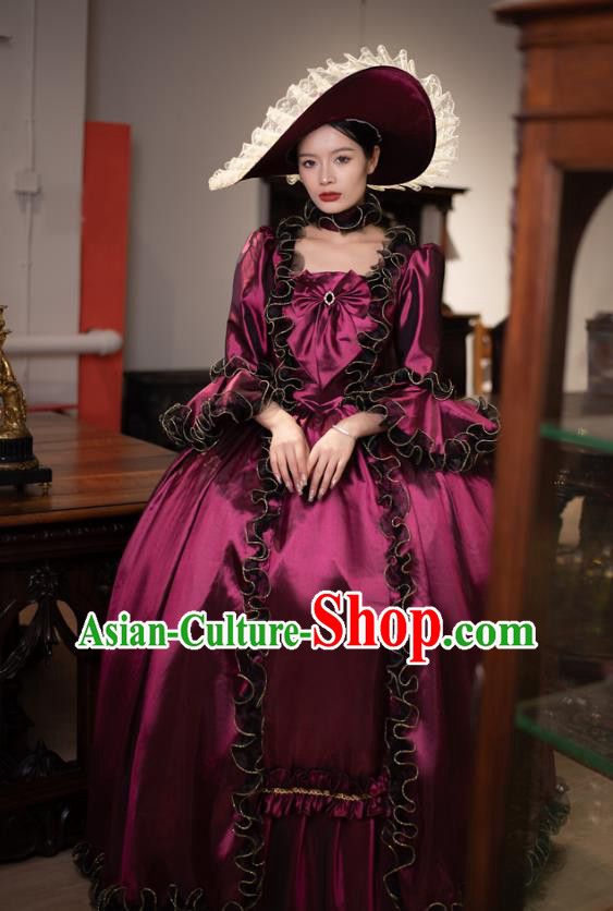 European Wine Red Court Dress Medieval Retro Aristocratic Clothing Drama Princess Costume