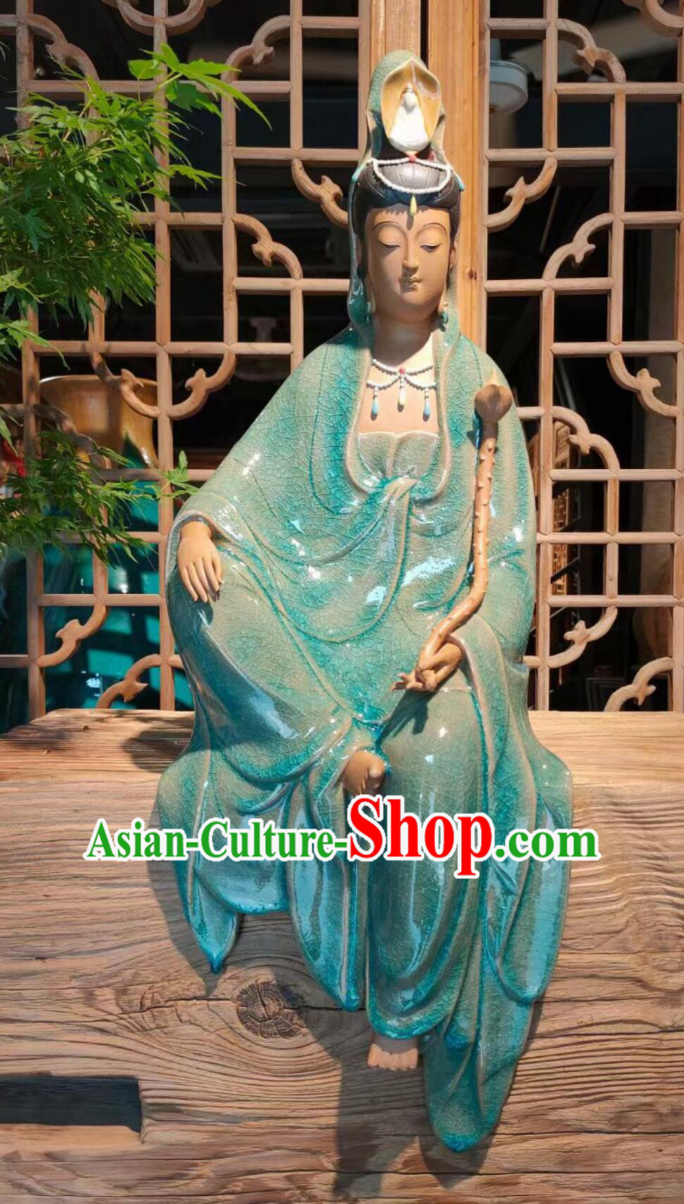 Handmade Shiwan Ceramic Sculpture Chinese Bodhisattva Figurine Green Dress Guan Yin Statue