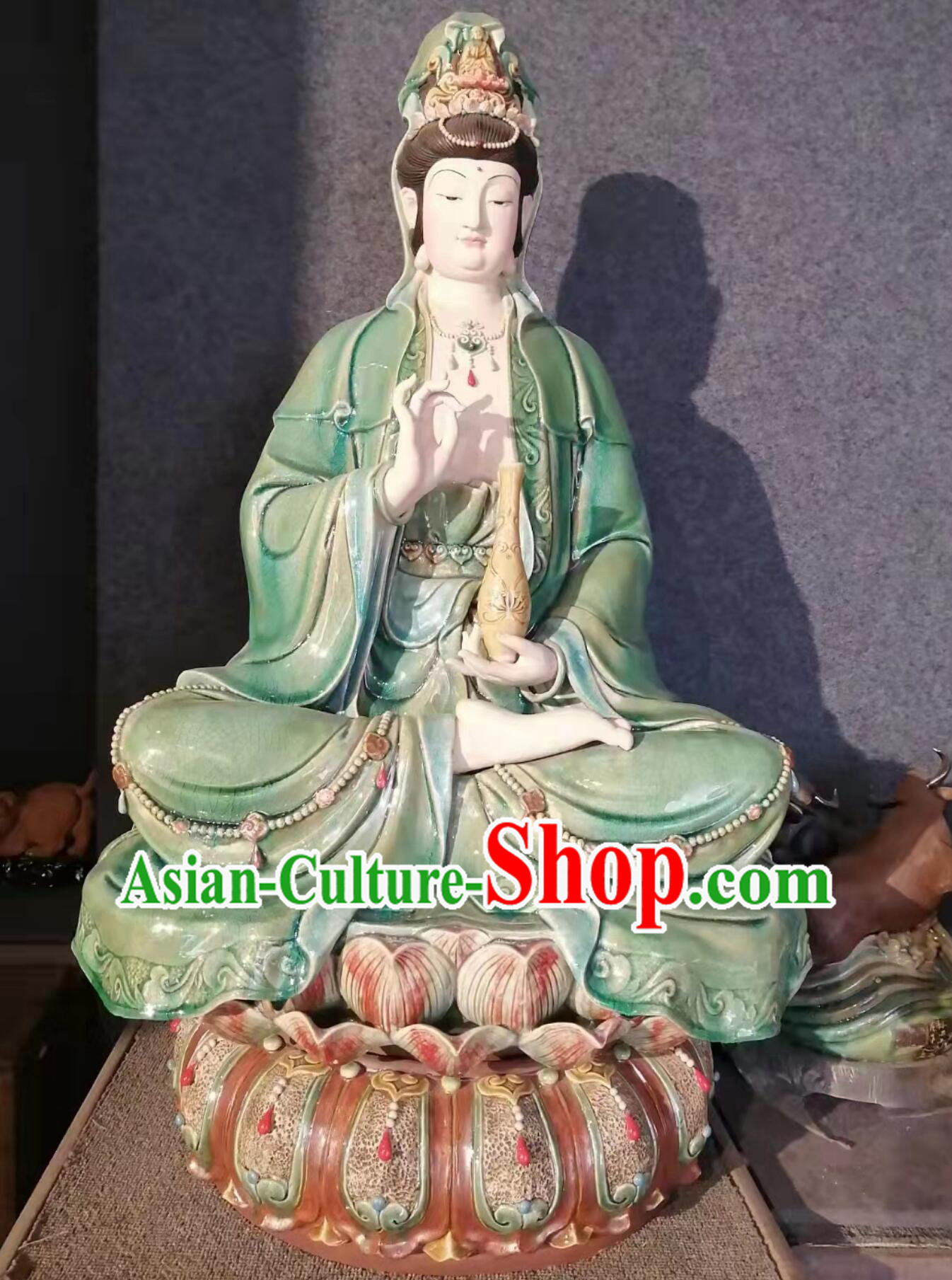 Handmade Shiwan Ceramic Sculpture Chinese Porcelain Bodhisattva Figurine Green Dress Guan Yin Statue