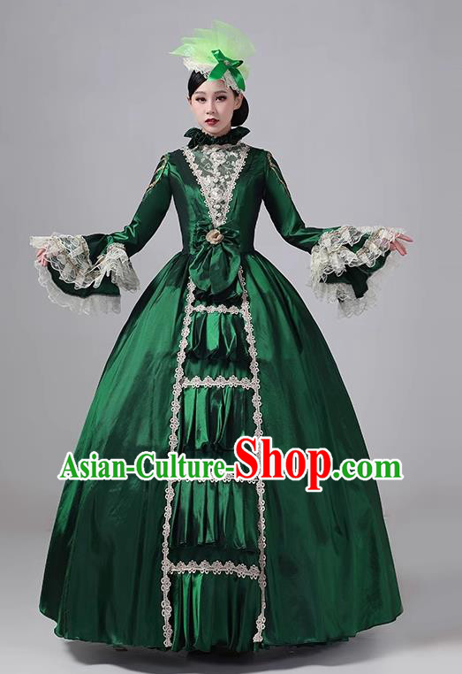 Green European Court Clothing British Medieval Noble Long Dress Retro Princess Dress Stage Walk Show Drama Costume