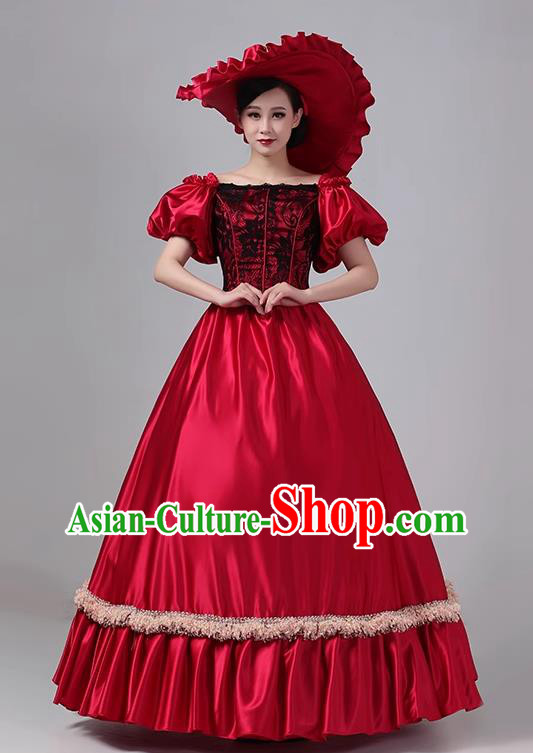 Wine Red European Medieval Court Dress Retro Style Victorian Stage Princess Clothing