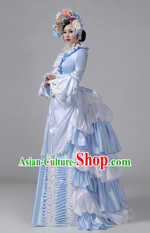 Blue European Style Court Costume European Medieval Retro Romantic Princess Long Dress Rococo Style Clothing