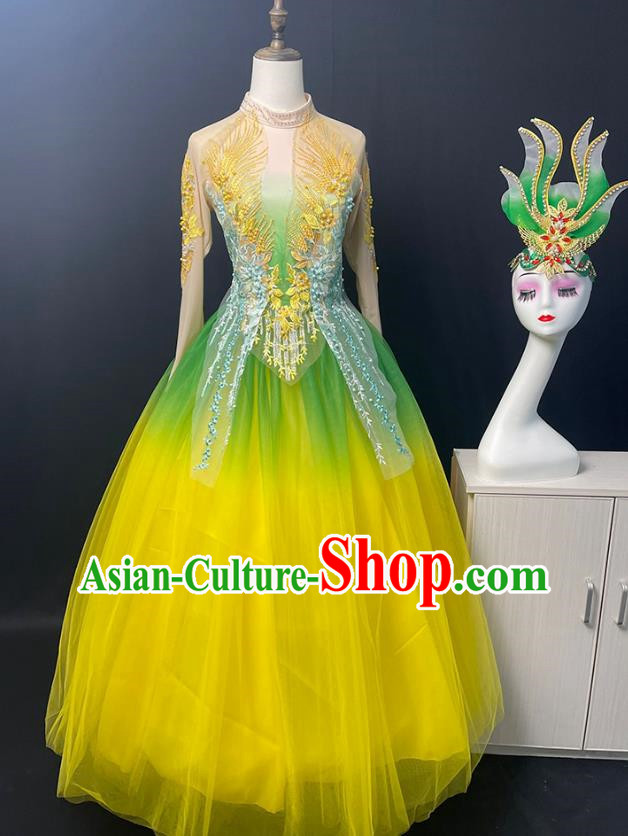 Yellow Green Opening Dance Performance Costumes With Large Swing Skirts Female Atmospheric Singing And Dancing Costumes Spring Story Dance Costumes