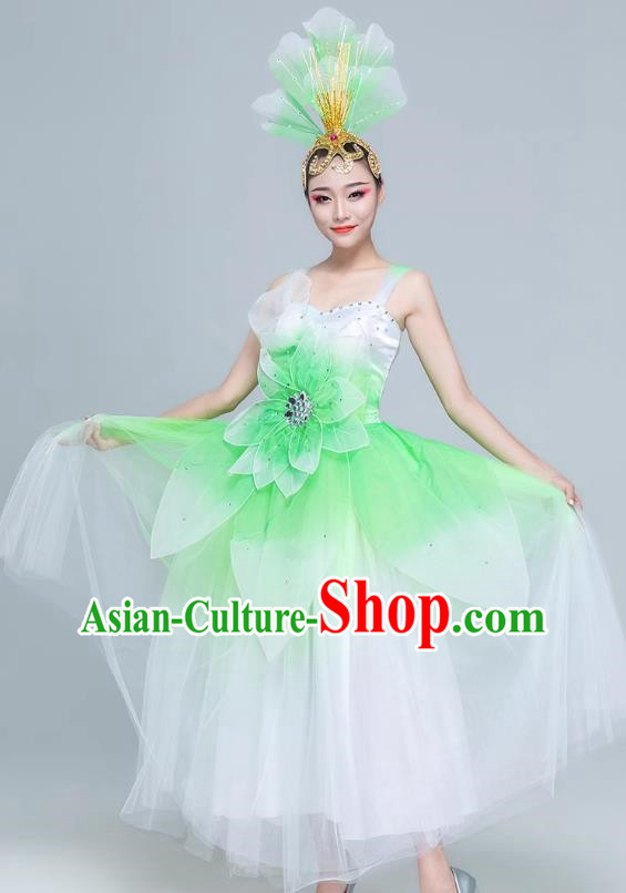 Green Dance Clothing For Women Adult Performance Clothing Female Modern Dance Youth Stage Performance Clothing Accompanying Dancer Mid Length Gauze Skirt Opening Dance