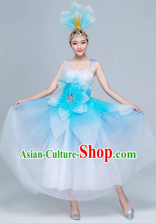 Blue Dance Clothing For Women Adult Performance Clothing Female Modern Dance Youth Stage Performance Clothing Accompanying Dancer Mid Length Gauze Skirt Opening Dance