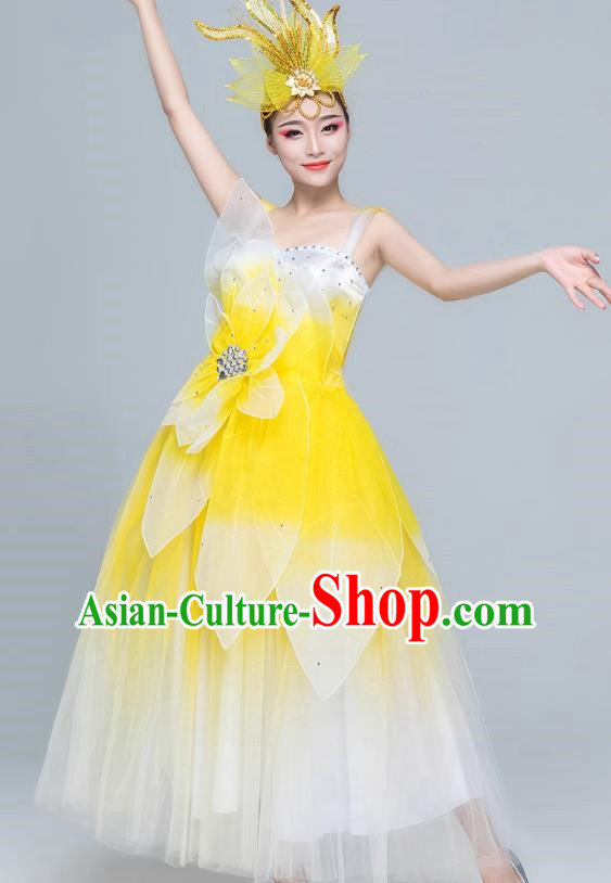 Yellow Dance Costumes For Women Adult Costumes Modern Dance Youth Stage Costumes Accompanying Dancers Mid Length Gauze Skirt Opening Dance