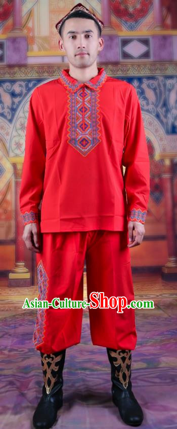 Red Ethnic Style Embroidered Male Dance Clothing China Xinjiang Uyghur Stage Performance Suit
