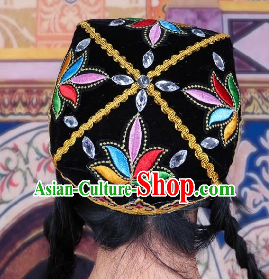Black Chinese Xinjiang Dance Flower Hat Female Adult Four Corner Hat Performance Headwear Uighur Dance Embroidered Hat Ethnic Style Stage Hat
