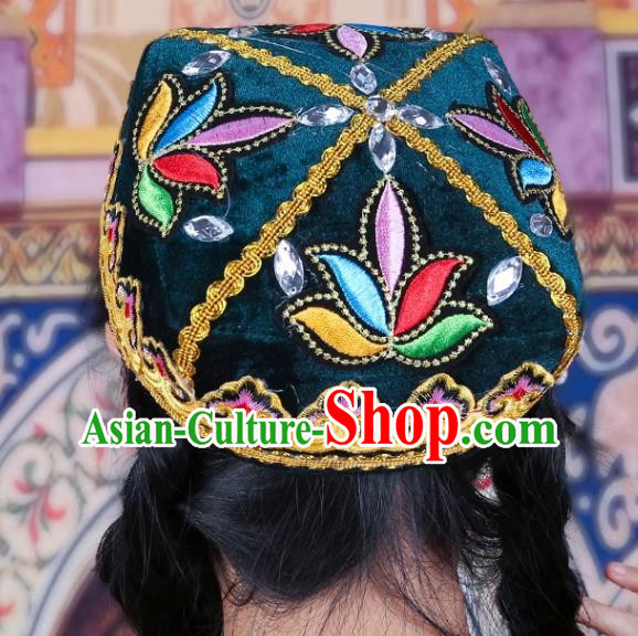 Dark Green Chinese Xinjiang Dance Flower Hat Female Adult Four Corner Hat Performance Headwear Uighur Dance Embroidered Hat Ethnic Style Stage Hat
