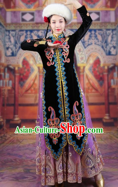 China Xinjiang Dance Costumes Ethnic Style High Definition Gold Velvet Long Coat Uyghur Stage Long Black Vest