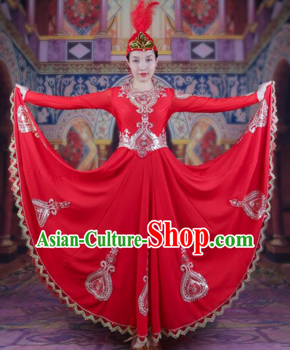 Red Chinese Xinjiang Dance Performance Costumes High End Women Dress Suit Ethnic Characteristic Dance Costume Uyghur Large Swing Skirt