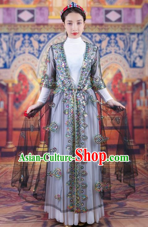 Black Chinese Xinjiang Dance Performance Costume Ethnic Style Beaded Embroidery Women Costume Uyghur Long Mesh Vest