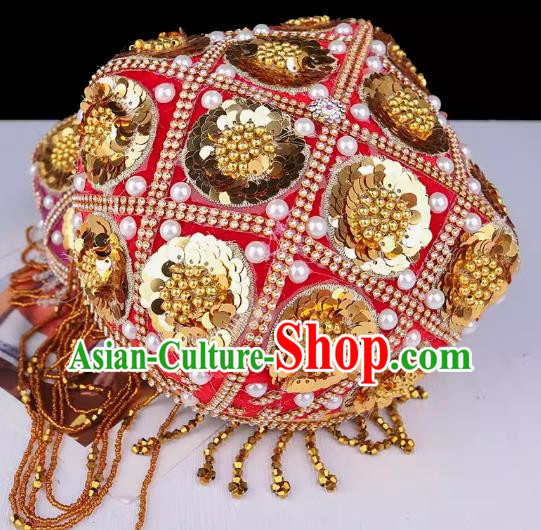 China Xinjiang Dance Performance Hat Ethnic Style Pure Handmade Beaded Embroidery Headwear Uyghur Stage Performance Pearl Gold Red Flower Hat
