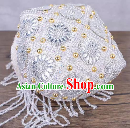 China Xinjiang Dance Performance Hat Ethnic Style Pure Handmade Beaded Embroidery Headwear Uyghur Stage Performance Silver And White Flower Hat