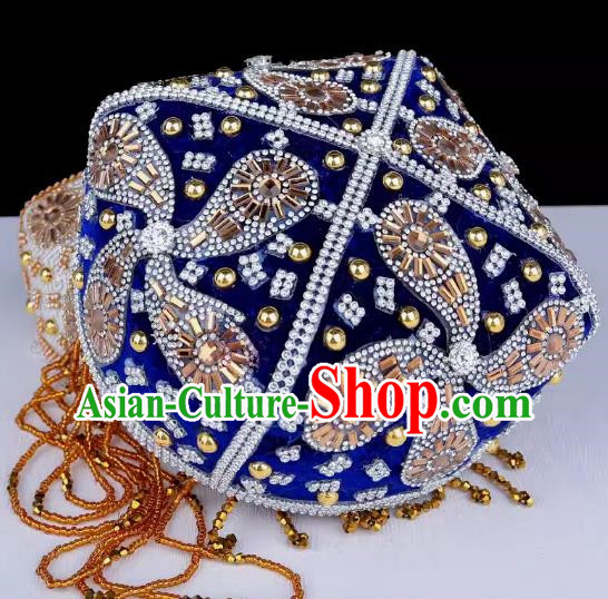 Sapphire Blue Uyghur Flower Hat Handmade Beaded Lady Red Bada Wood Flower Headdress China Xinjiang Dance Stage Hat