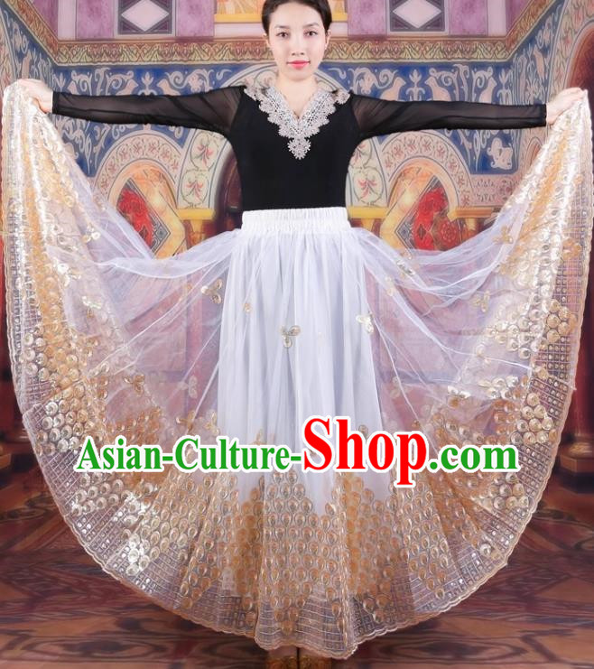 China Xinjiang Dance Performance Costumes Women Mesh Embroidered Skirt Uyghur Ethnic Style Red Large Swing Elegant White Skirt