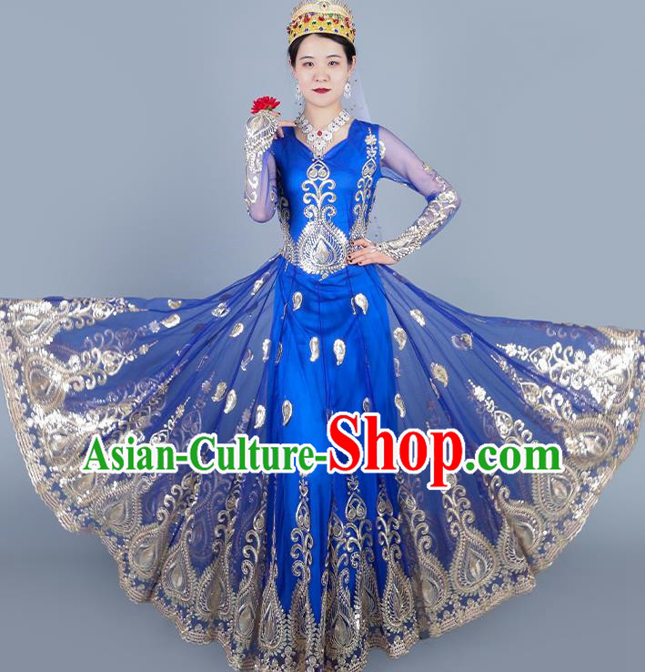 Royal Blue Chinese Xinjiang Dance Spring And Summer Mesh Embroidered Double Layer Oversized Hem Dress Ethnic Style Stage Skirt