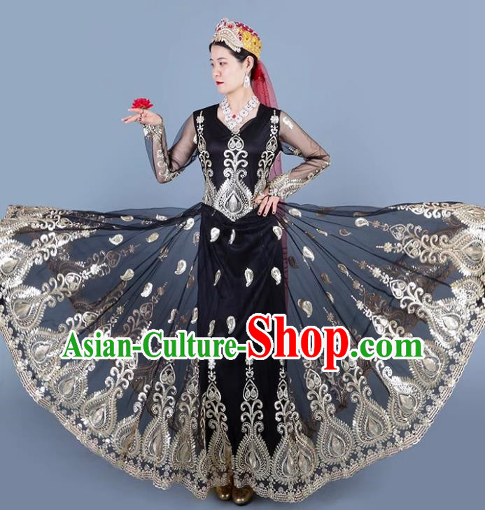 Black China Xinjiang Dance Spring And Summer Mesh Embroidery Double Layer Oversized Swing Dress Ethnic Style Stage Skirt