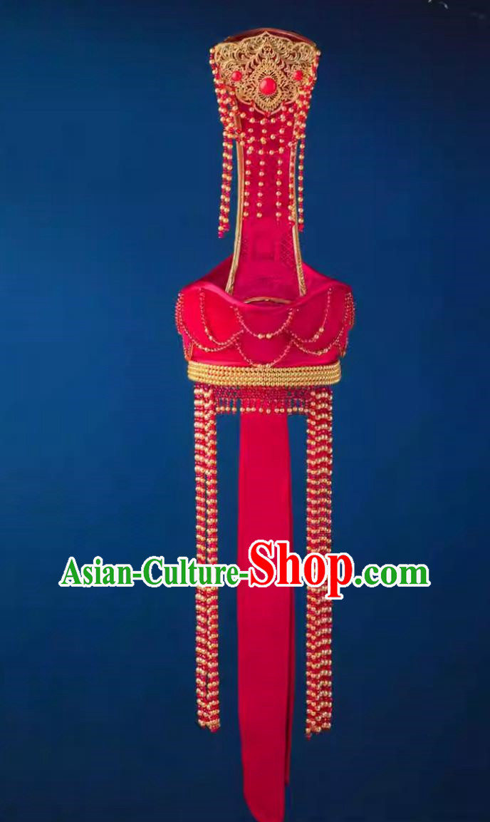 Women Mongolian Dance Hat Headwear Ethnic Minority Wedding Clothing Mongolian Robe Accessories Red Pointed Hat