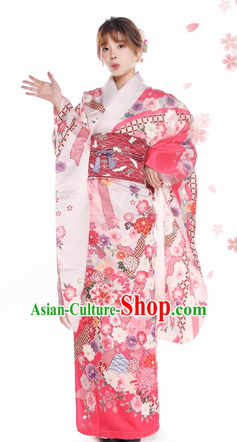 Asian Japan Classical Sakura Pattern Furisode Kimono National Pink Dress Japanese Traditional Garments