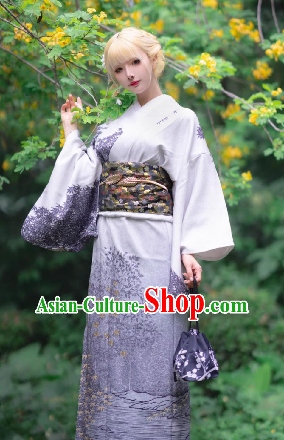 Printed Violet Dress Traditional Formal Attire Japanese Kimono Women Visiting Kimono