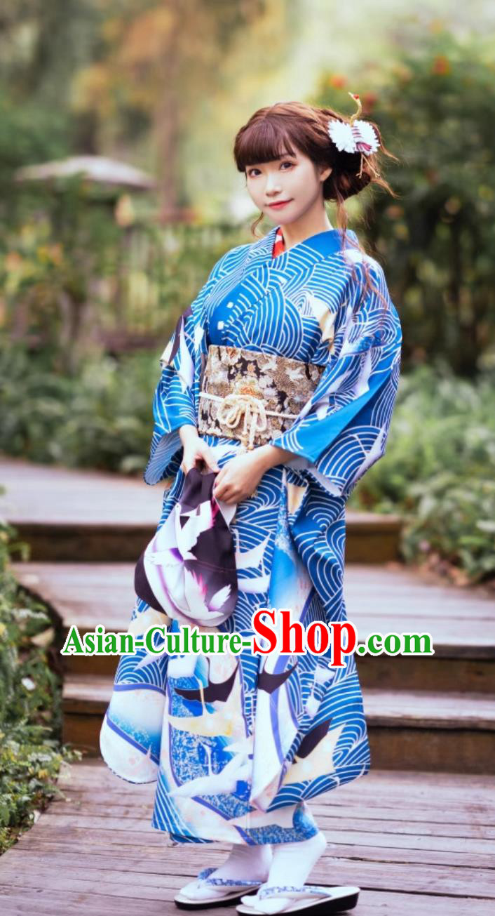 Taisho Style Japanese Traditional Clothing Long Sleeved Kimono For Women Blue Furisode Kimono