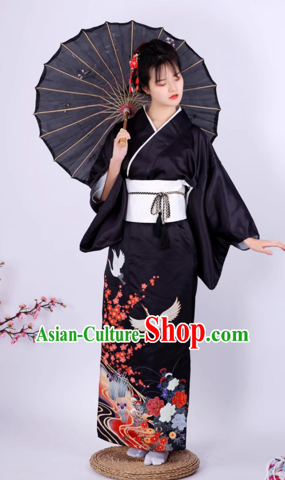 Japanese Kimono Women Formal Attire Traditional Black Sleeve Kimono Crane Kimono Set