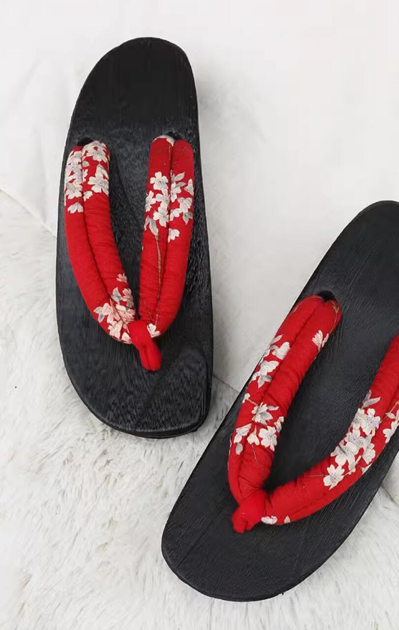Japanese Classical Sakura Pattern Red Slippers Handmade Shoes Japan Geta Traditional Clogs for Women