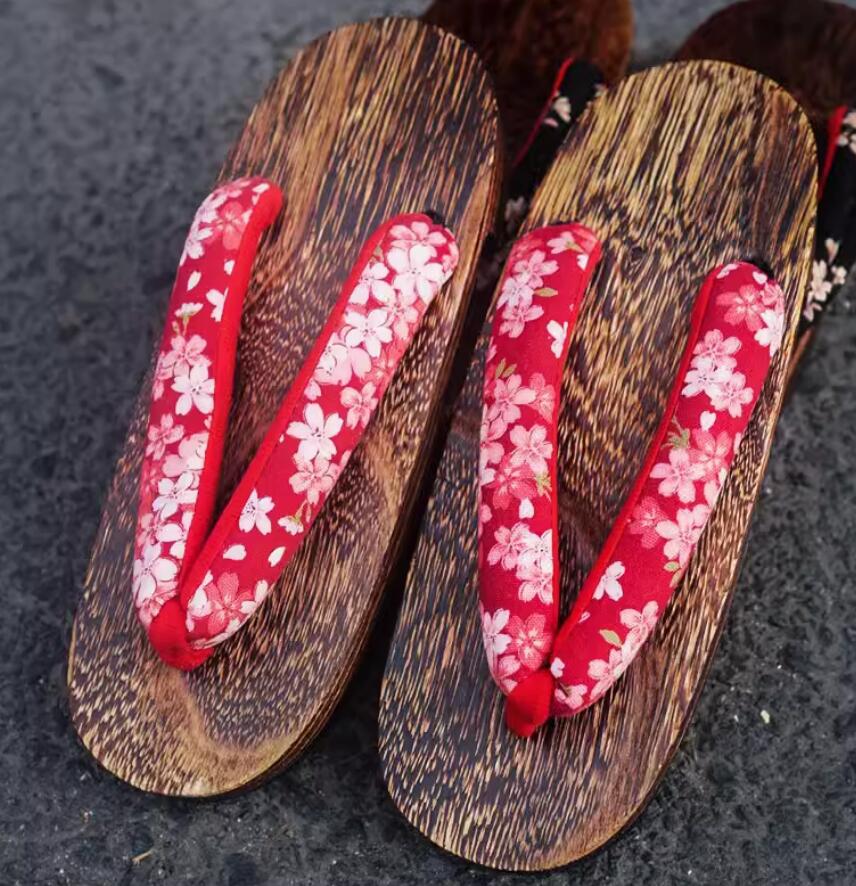 Japan Geta Japanese Traditional Clogs Classical Sakura Pattern Red Slippers Handmade Shoes for Women