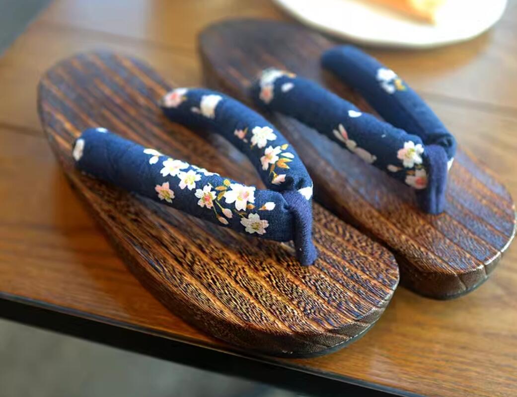 Japanese Traditional Clogs Handmade Shoes Classical Sakura Rabbit Pattern Dark Blue Slippers Japan Geta for Women