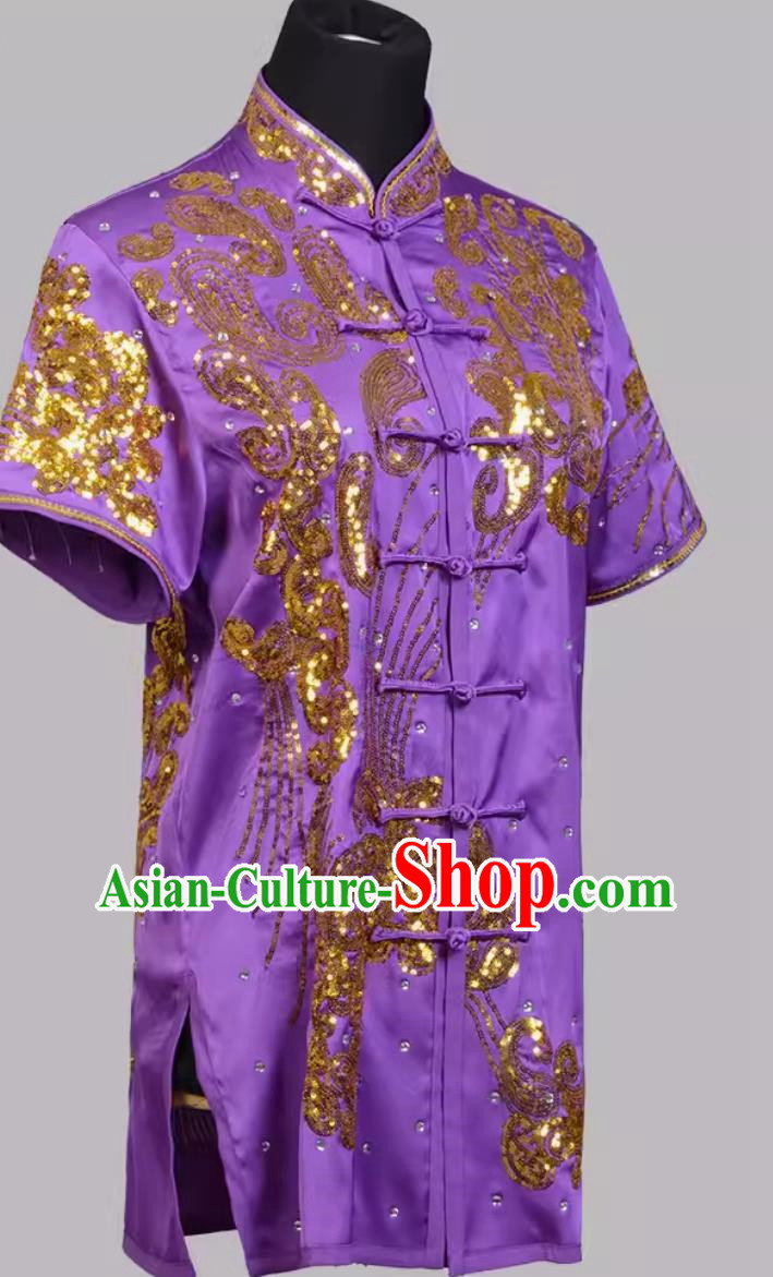 Martial Arts Uniforms For Teenagers And Children Purple Competition Uniforms For Men And Women Suits With Gold Sequin Embroidery
