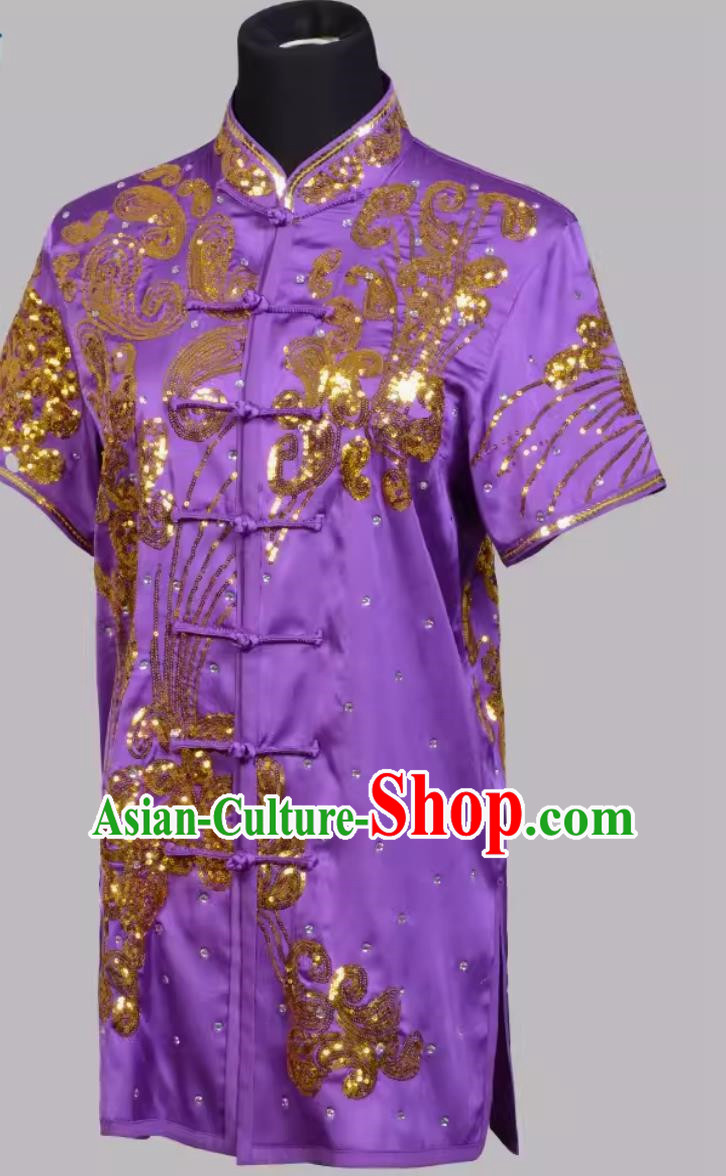 Martial Arts Uniforms For Teenagers And Children Purple Competition Uniforms For Men And Women Suits With Gold Sequin Embroidery