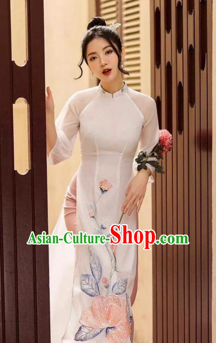 Vietnamese Ao Dai Cheongsam Skirt Wide Leg Pants Two Piece Suit Chinese Style Catwalk Long Performance Costume