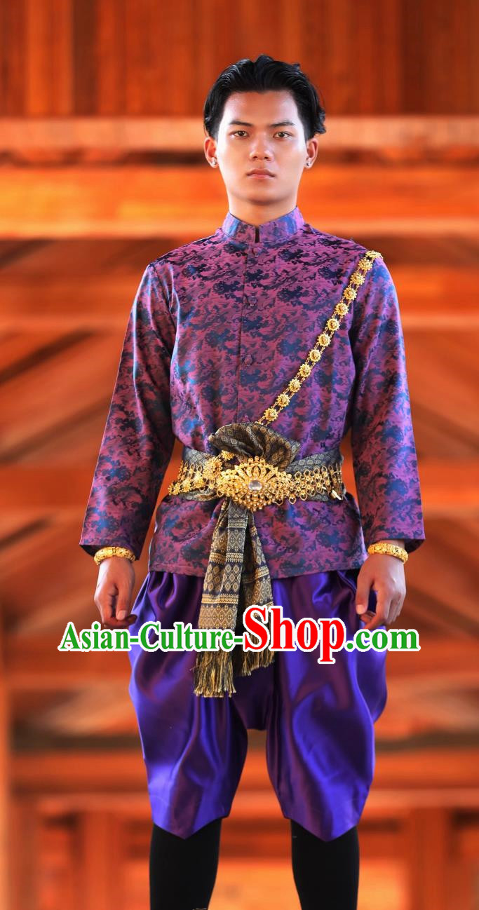 Thai Traditional Men Purple Suit Palace Retro Clothing Welcome Work Clothes